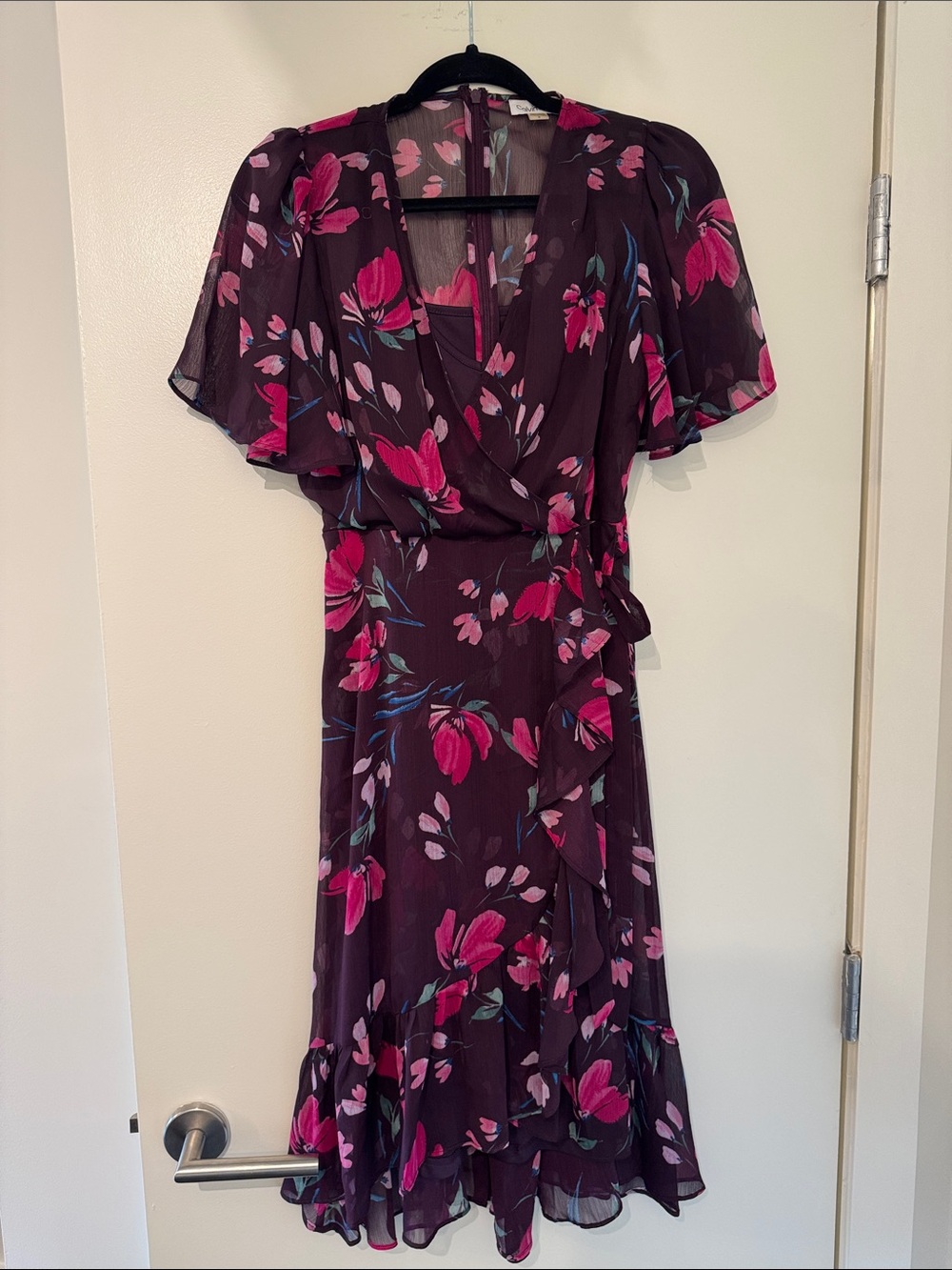 Calvin Klein Floral Wrap Dress in Plum with Pink Accents